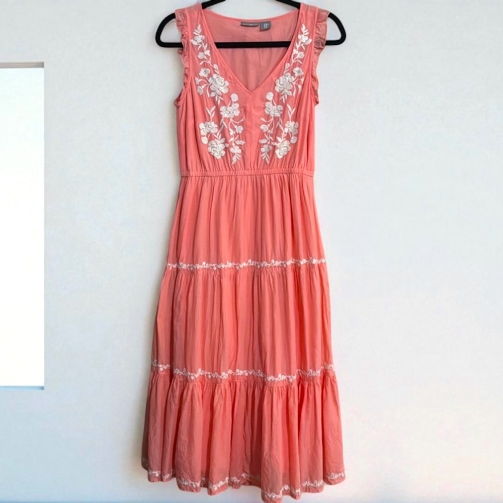 Lucky Brand Coral Midi Dress with White embroidered Floral Details Women's SzXS - Picture 2 of 10